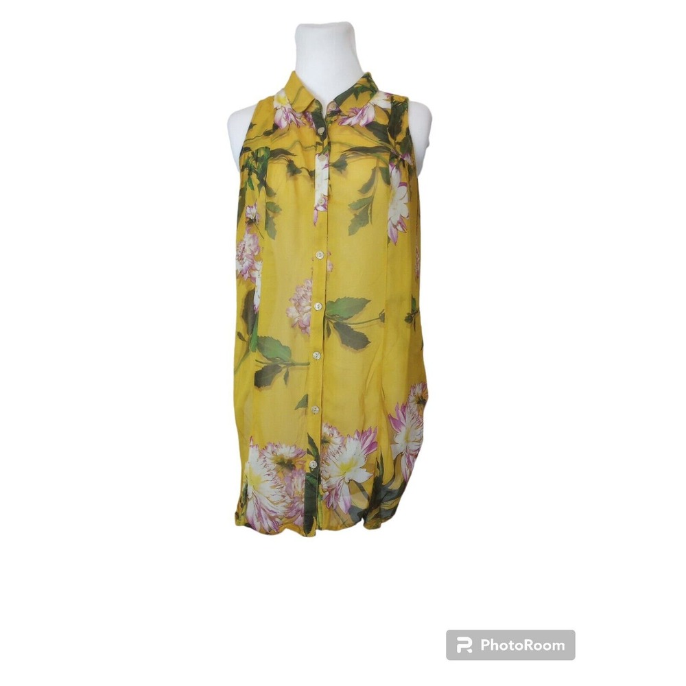 Anthropologie Maeve Womens Button Shirt Yellow Green Poeny Floral Sleeveless 4